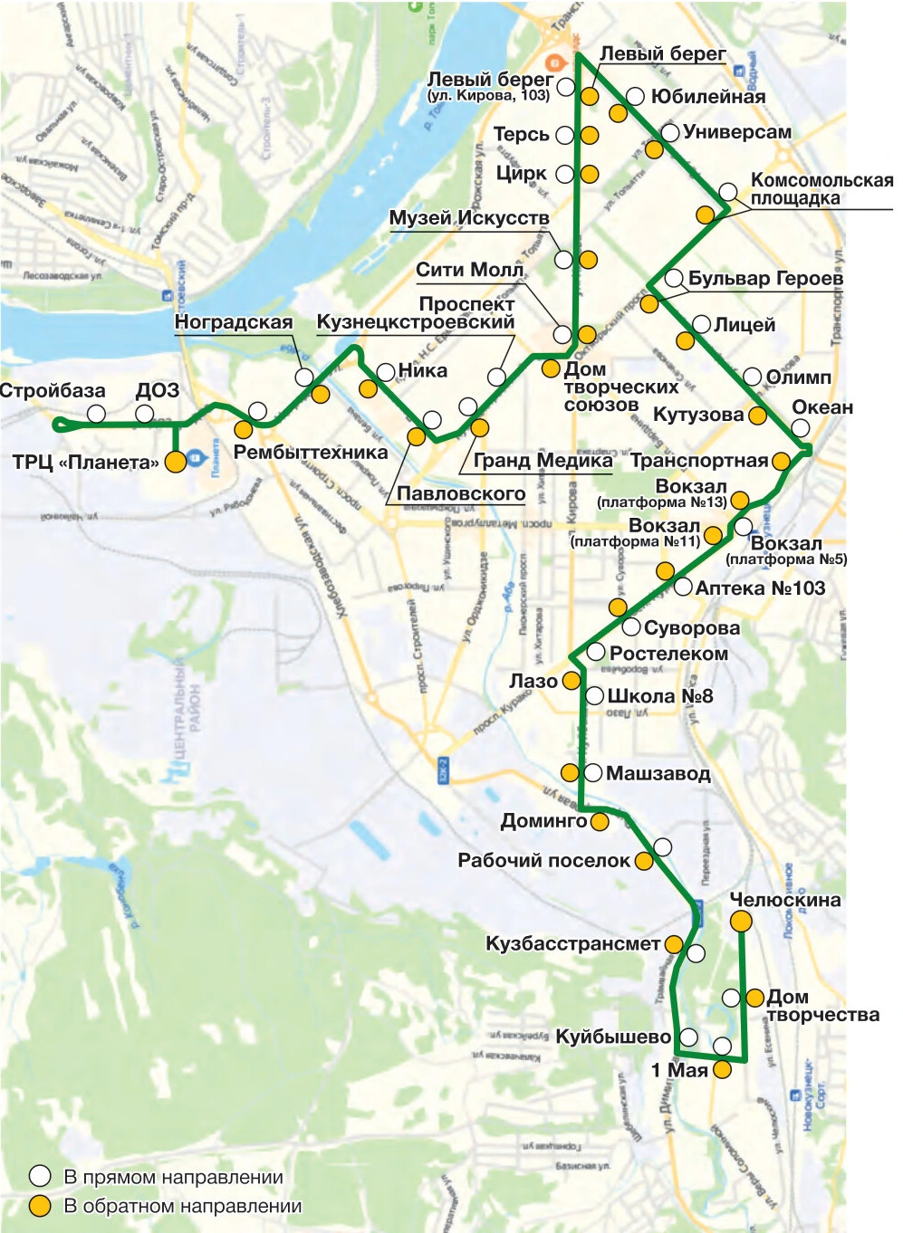 Схема маршрута 27 Челюскина - ТРЦ «Планета»