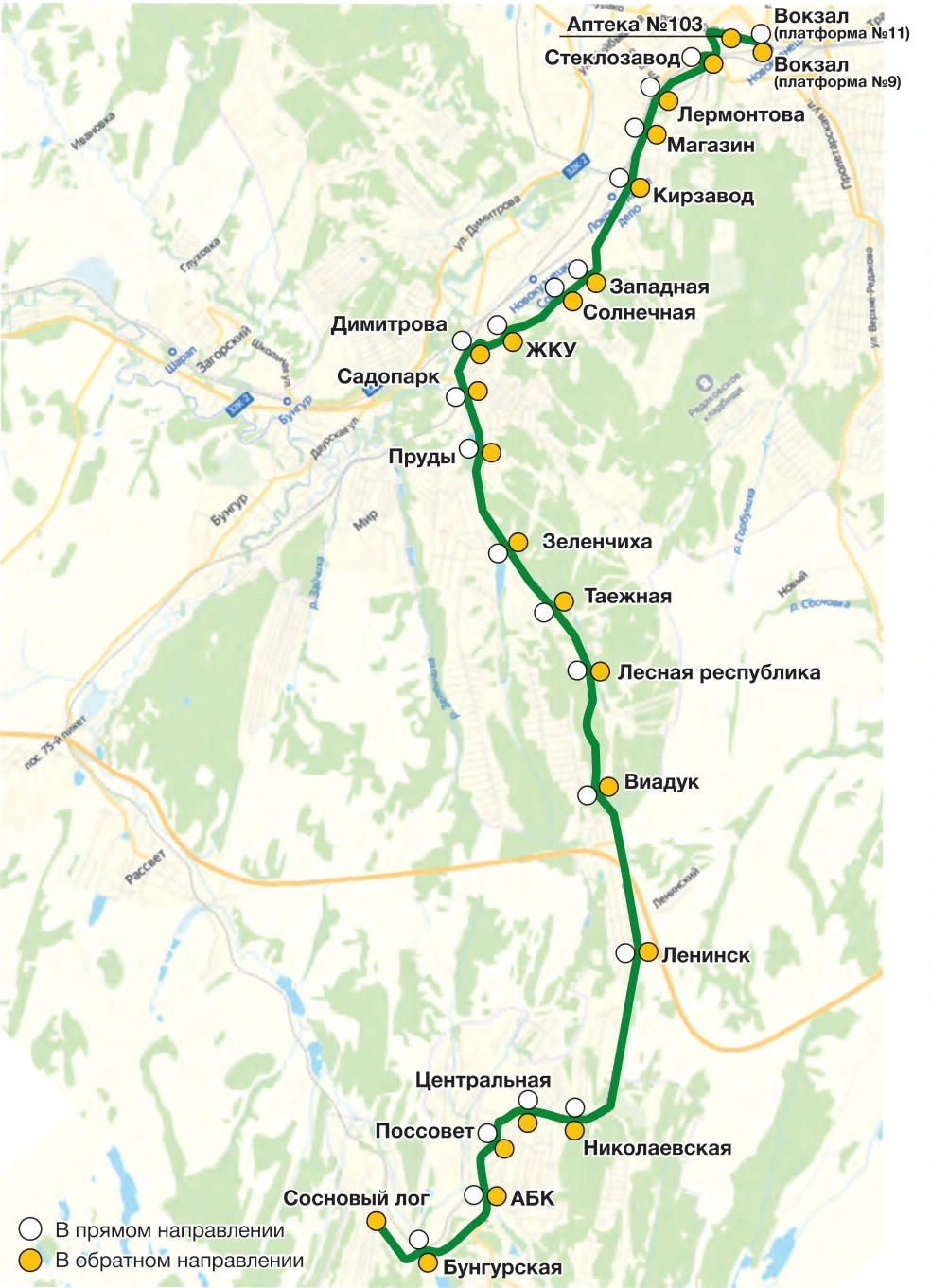 Схема маршрута №67 Вокзал - Сосновый лог