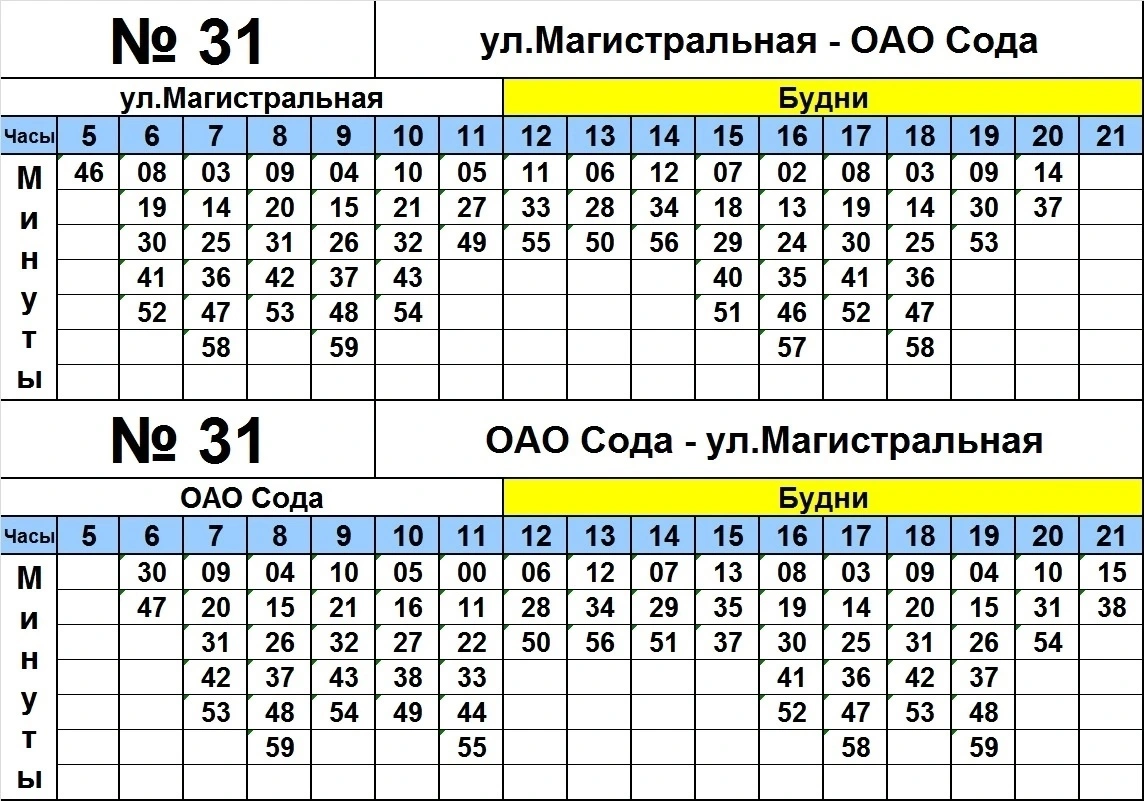 №31 «ул. Магистральная — ОАО «Сода» (в будни) №31 «ул. Магистральная — ОАО «Сода» (в будни)