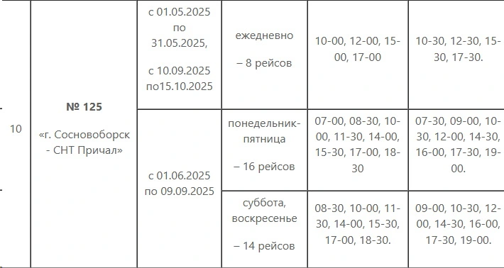 Расписание дачных автобусов 125 «г. Сосновоборск - СНТ Причал» Расписание дачных автобусов 125 «г. Сосновоборск - СНТ Причал»