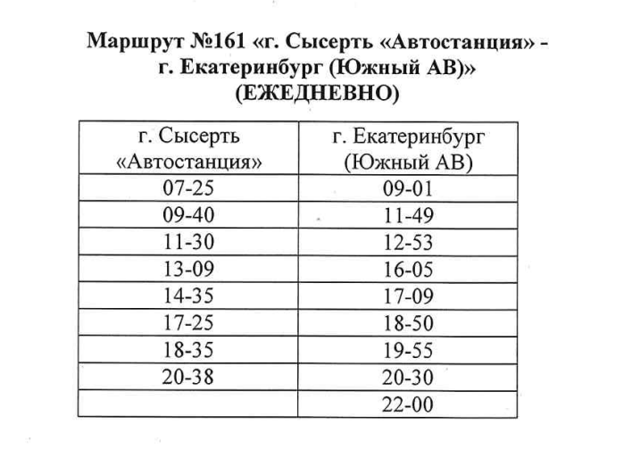 Расписание автобуса №161 Сысерть - Екатеринбург