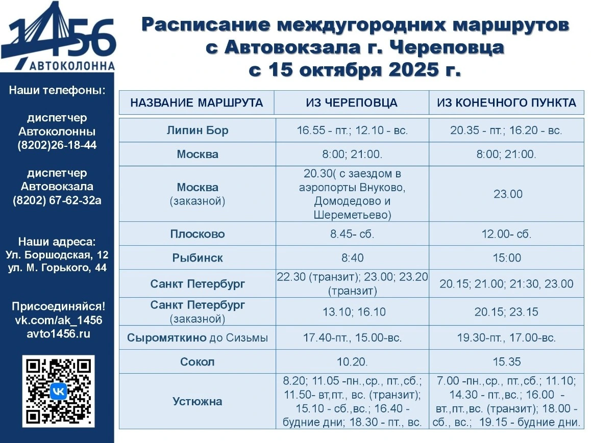 Междугородние направления с автовокзала Череповец