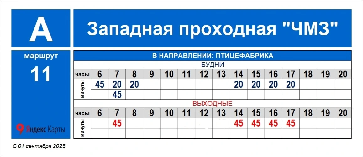 № 11 Птицефабрика - Западная проходная ЧМЗ расписание автобуса №11 в Глазове