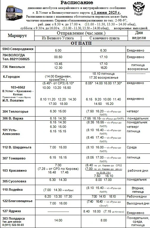 Расписание от ПАТП Расписание от ПАТП