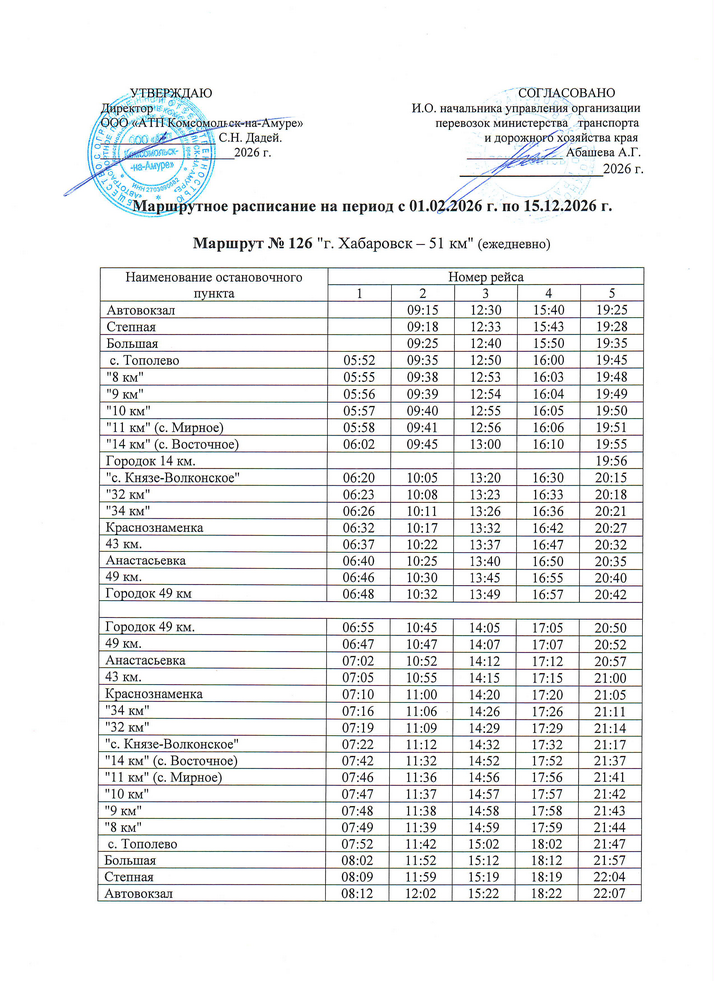 Расписание маршрута №126