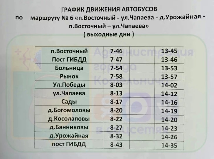 Расписание №6 Котельнич по выходным