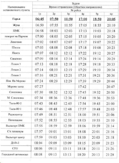 Расписание 112 Сыктывкар - Гарья будни обратно