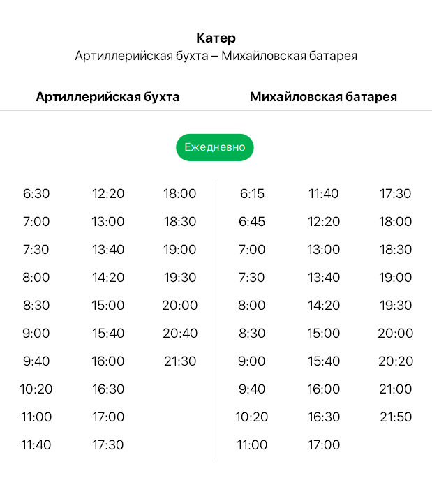 Расписание катера Михайловская батарея - Артиллерийская бухта