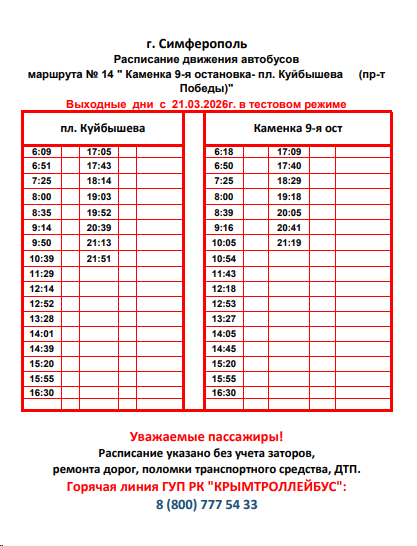 Расписание автобуса по выходным №14 Симферополь