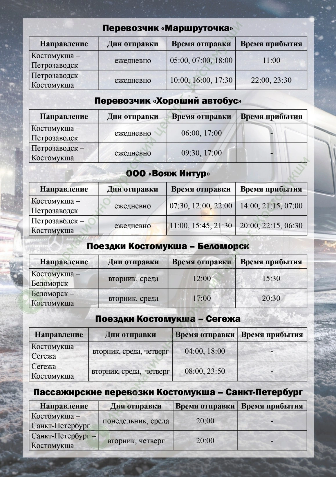 Расписание движения автобусов Костомукша: межгород