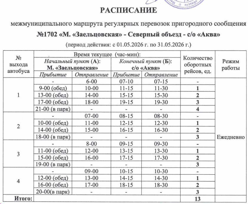 Расписание автобуса №1702 Новосибирск