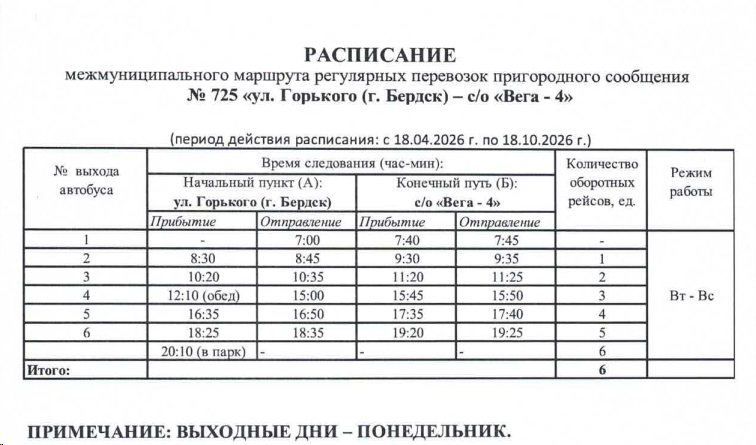 Расписание автобуса №725 Новосибирск