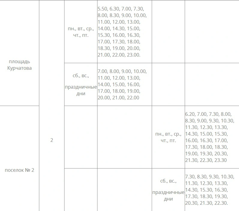 № 2 площадь Курчатова - поселок № 2