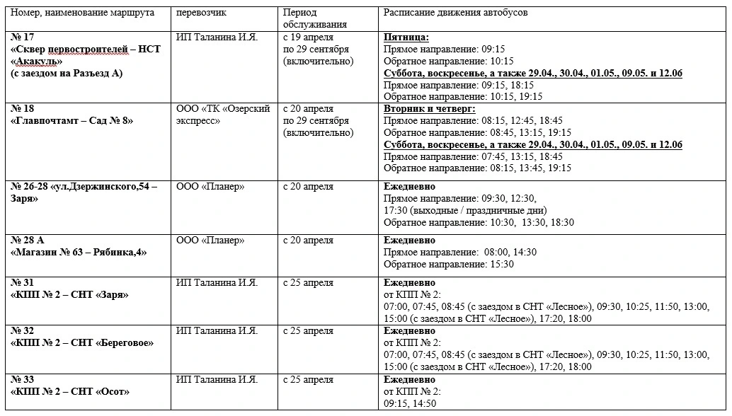 Расписание дачных автобусов Озерска