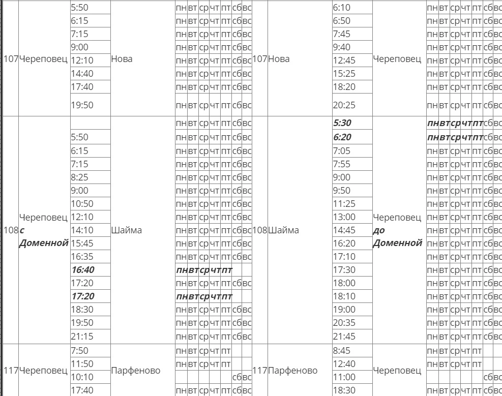 Пригородные направления с автовокзала Череповец