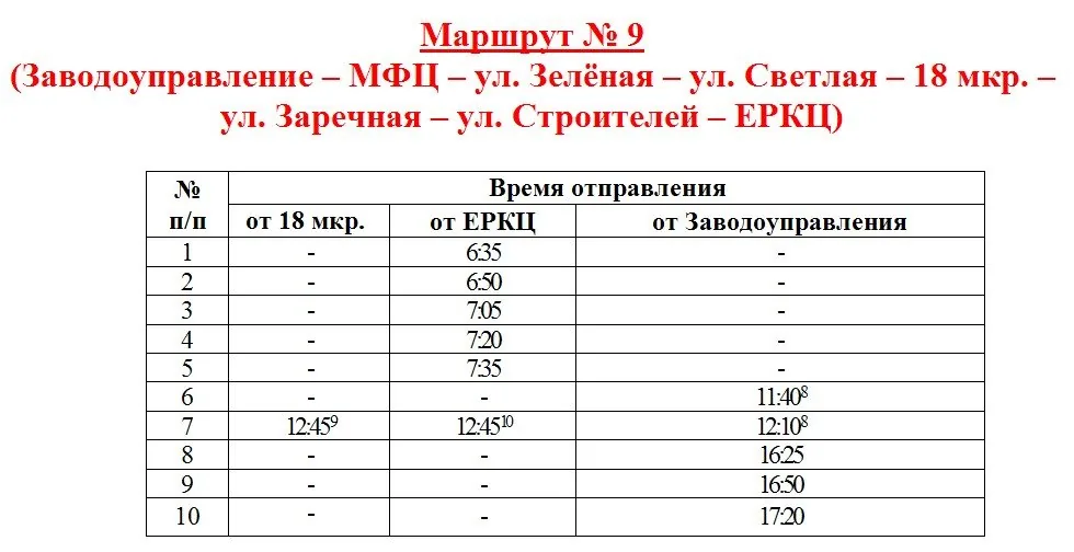 График маршрута №9 Заречный