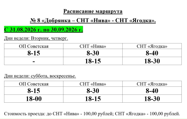 Расписание автобуса №8 Добрянка