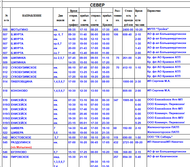 Расписание - север
