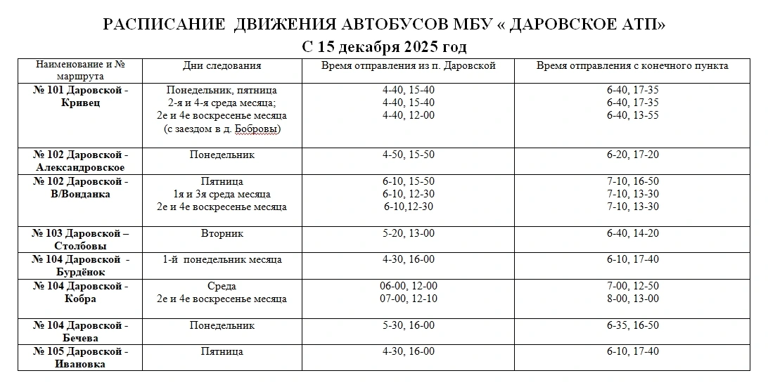 Расписание 101,102,103,104 в Даровском