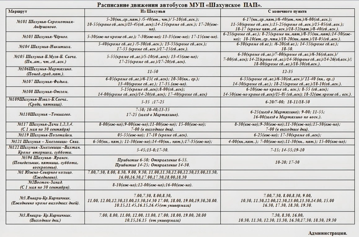 Расписание автобусов №101, 103, 14 в Шахунье