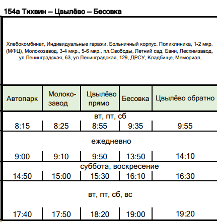 Расписание автобуса №154а Тихвин