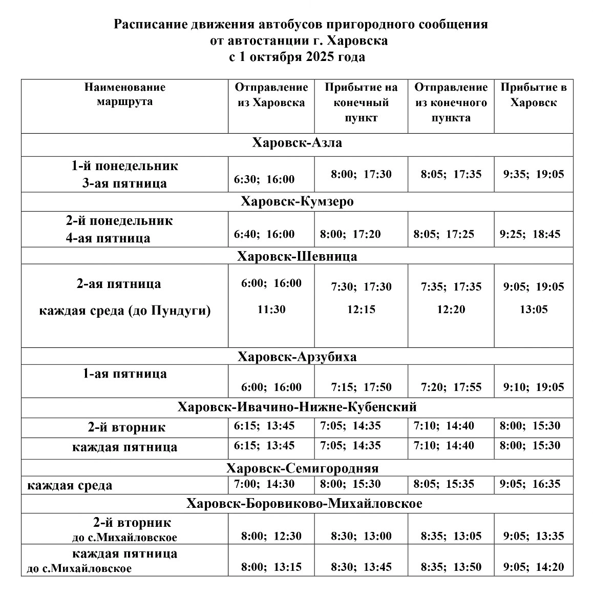Расписание пригородных автобусов Харовска