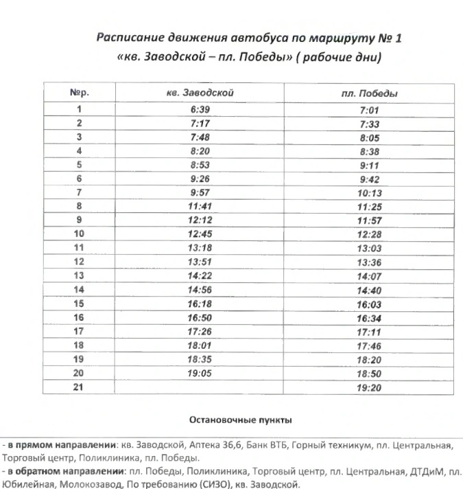 №1 кв. Заводской - пл. Победы в будни