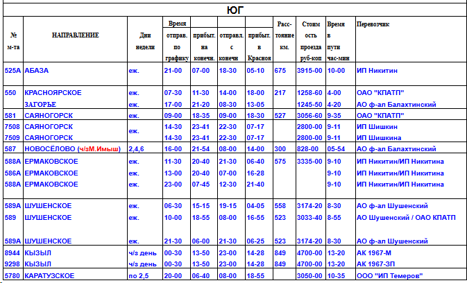 Расписание - юг