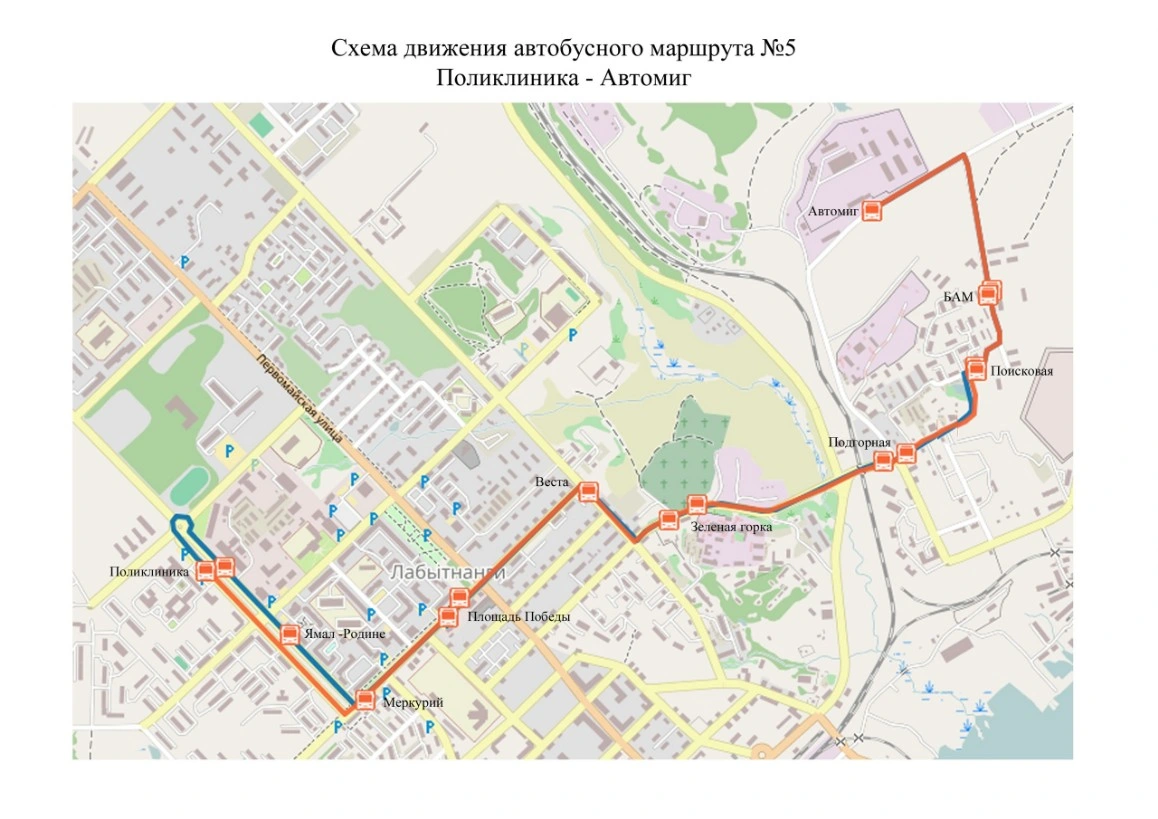 Схема движения автобуса №5 Лабытнанги
